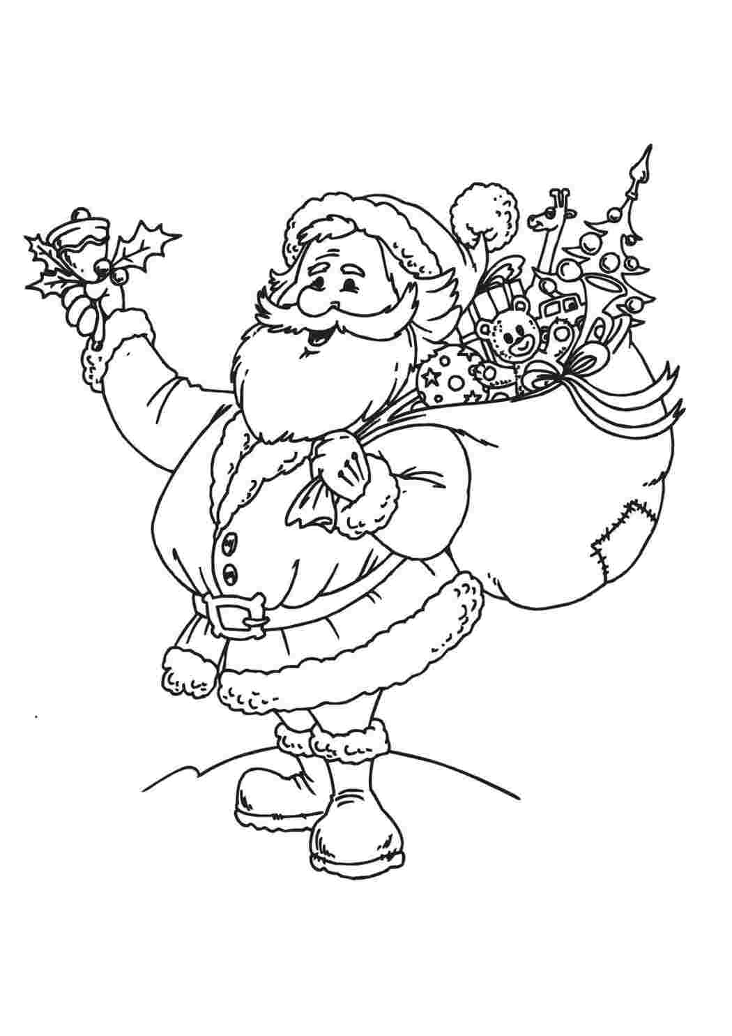 Раскраска Дід Мороз з подарунками дзвенить у дзвіночок