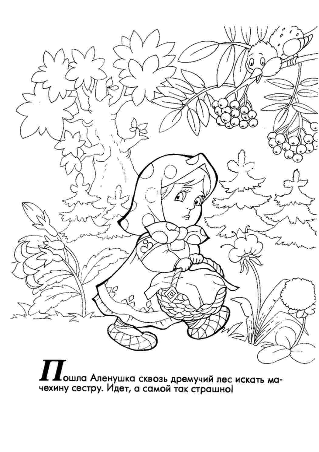 Раскраска Іде Оленушка лісом з корзинкою в руках а на гілці цвіркоче воробушок
