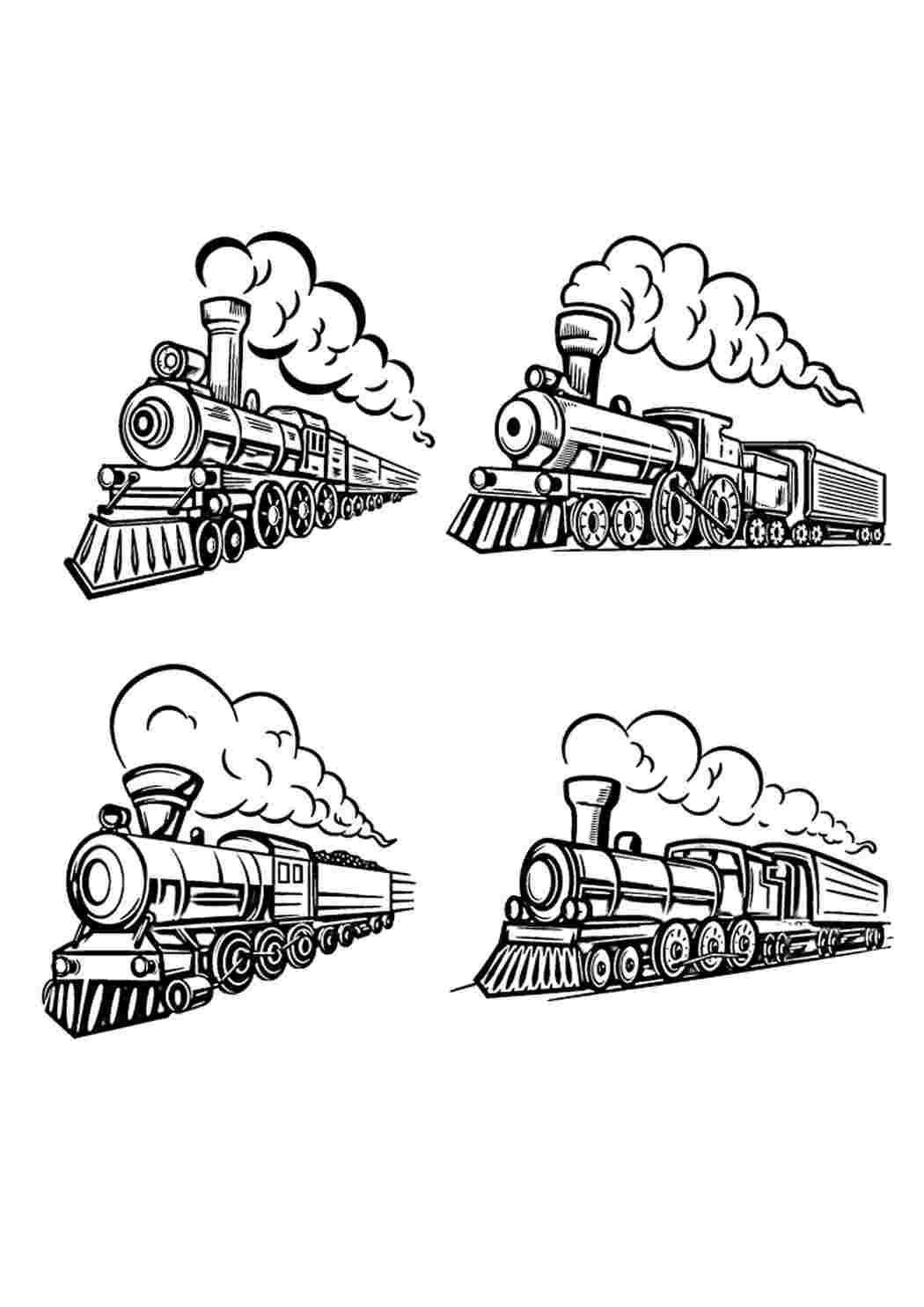 Раскраска Гарні розмальовки Один і той самий паровоз та різні вагони з вантажем
