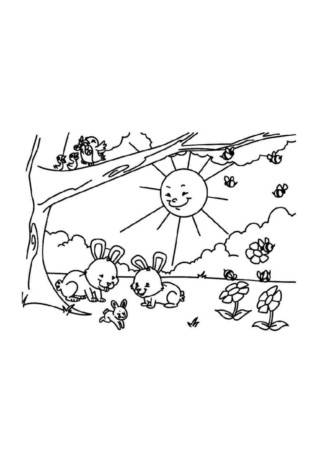 Раскраска Розфарбування весна дітям кролики граються на галявині