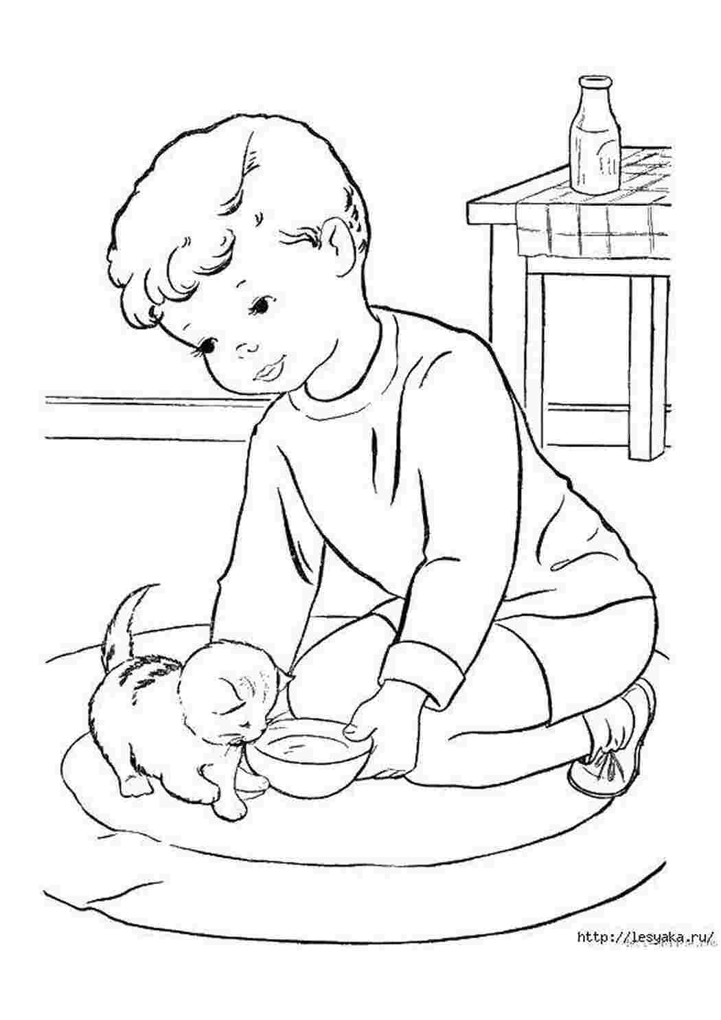 Раскраска Хлопчик з кошеням