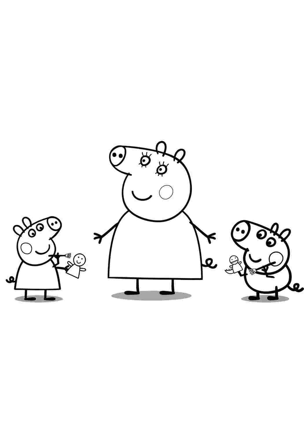 Раскраска Мама подарувала дітям іграшки поросятам Джорджу та Пеппі