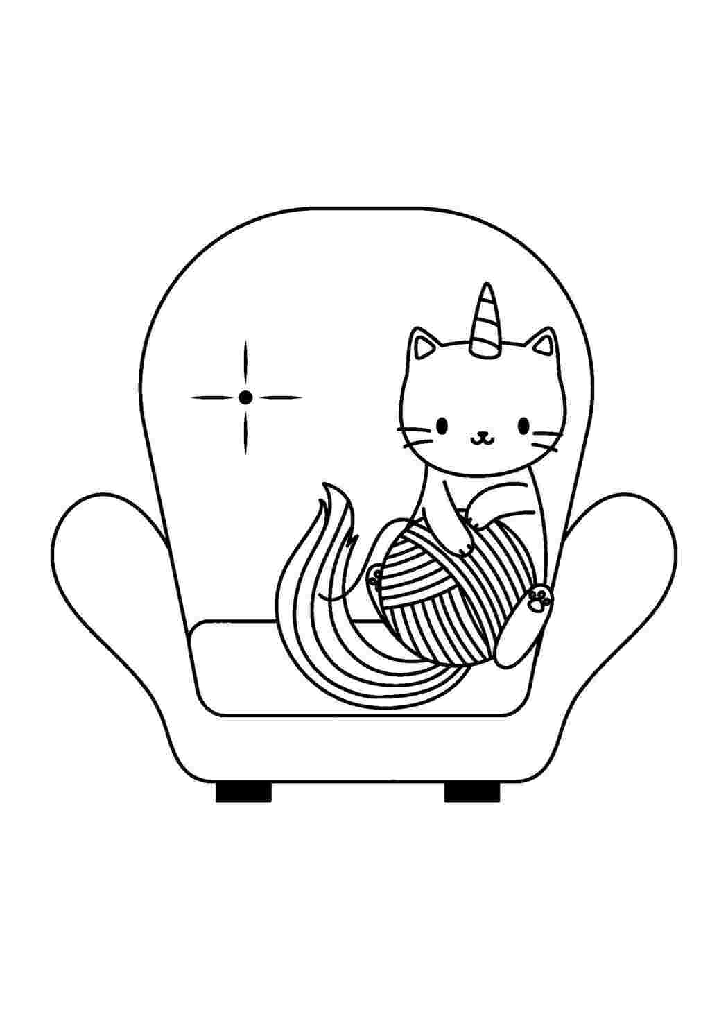 Раскраска Гарні розмальовки Розфарбування Кіт єдиноріг з клубочком