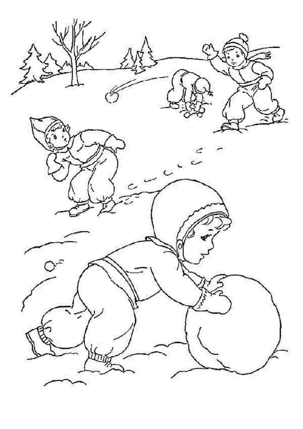 Раскраска Діти ліплять сніговика