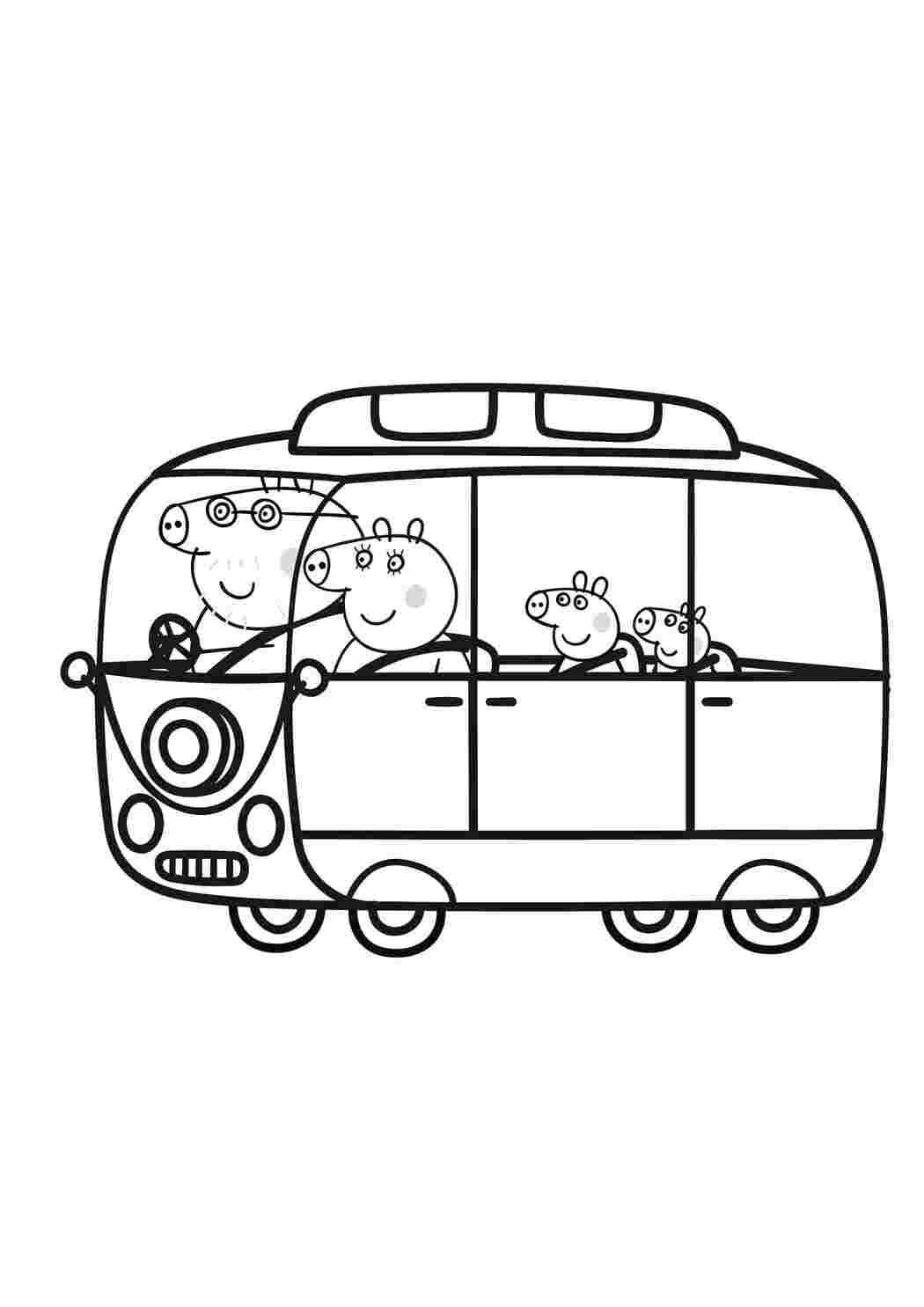 Раскраска Свинка Пепа в автобусі
