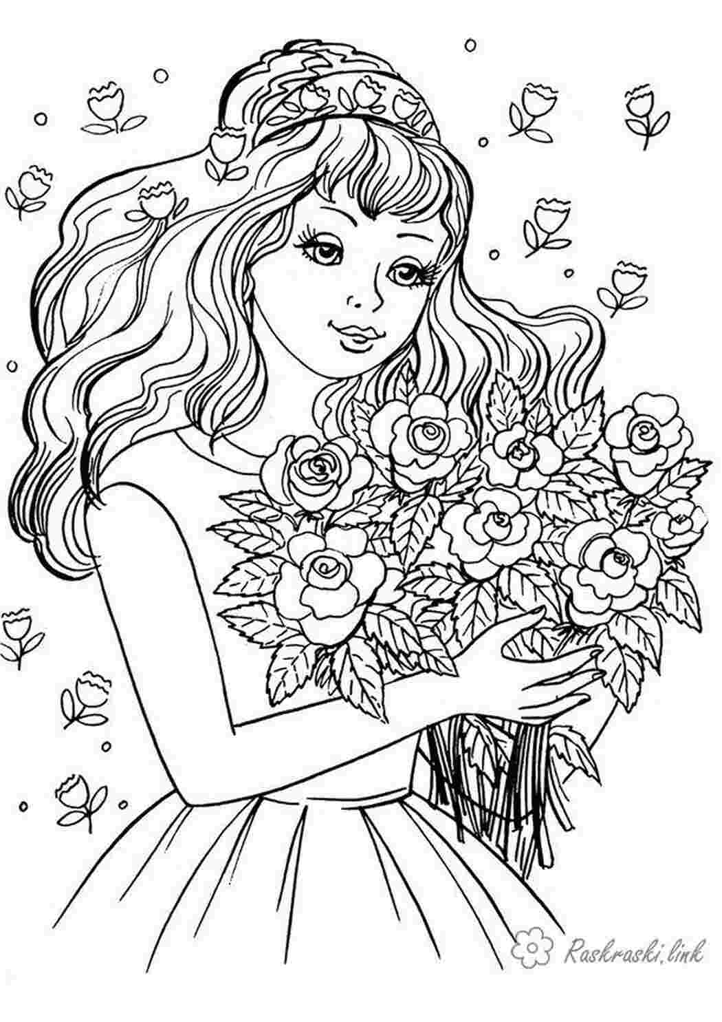 Раскраска Дівчаткам дівчинка букет квітів троянди