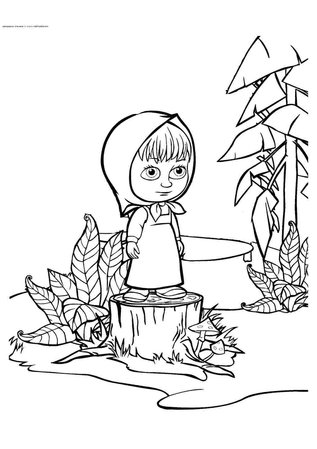 Раскраска Завантажити розумну розмальовку до мультфільму Маша та Ведмідь Маша на пні