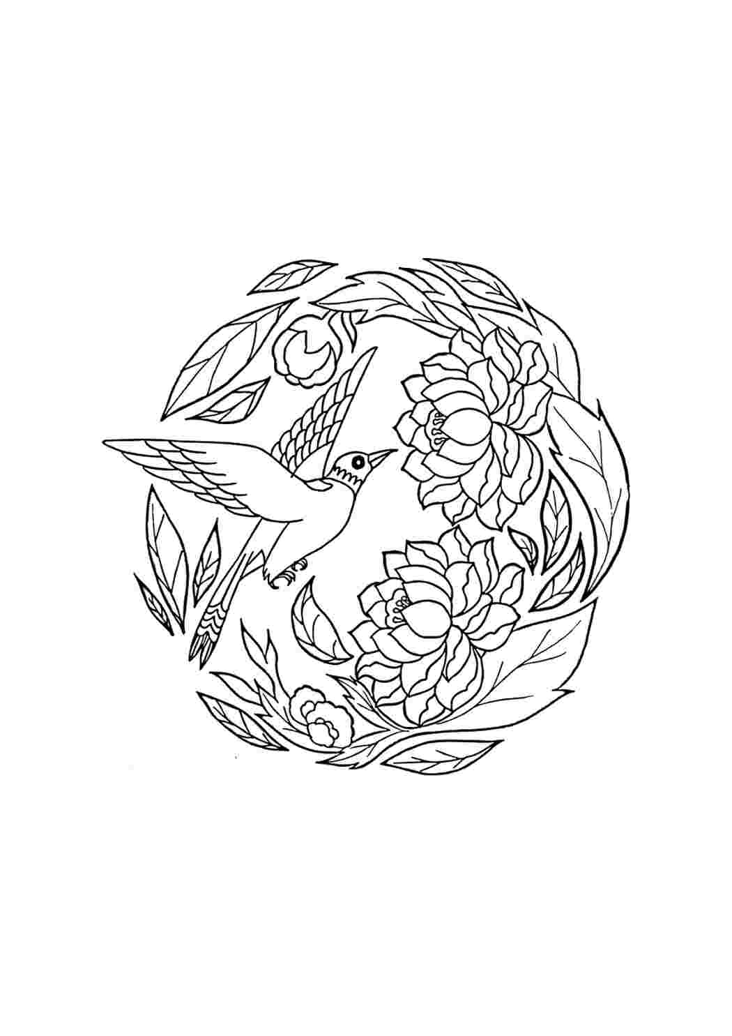 Раскраска Гарні розмальовки Пташка біля квітів розмальовка