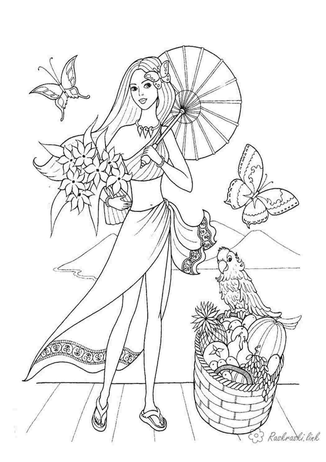 Раскраска Дівчаткам дівча літо парасолька метелики птахи