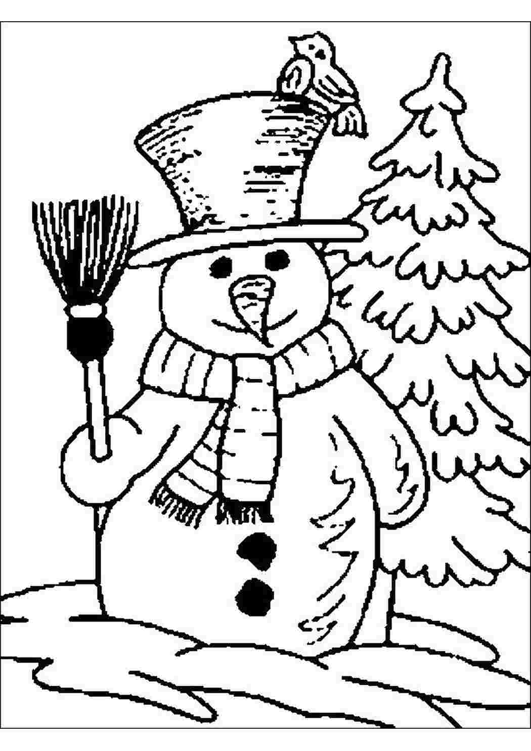 Раскраска Розмальовка Сніговик біля ялинки роздрукувати