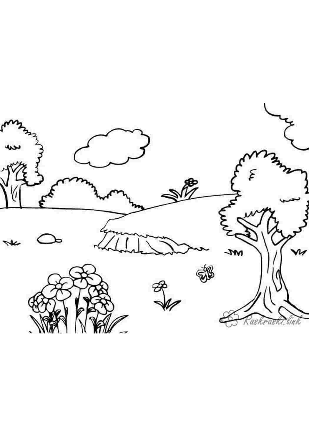 Раскраска невеличка поляна дерева квіти