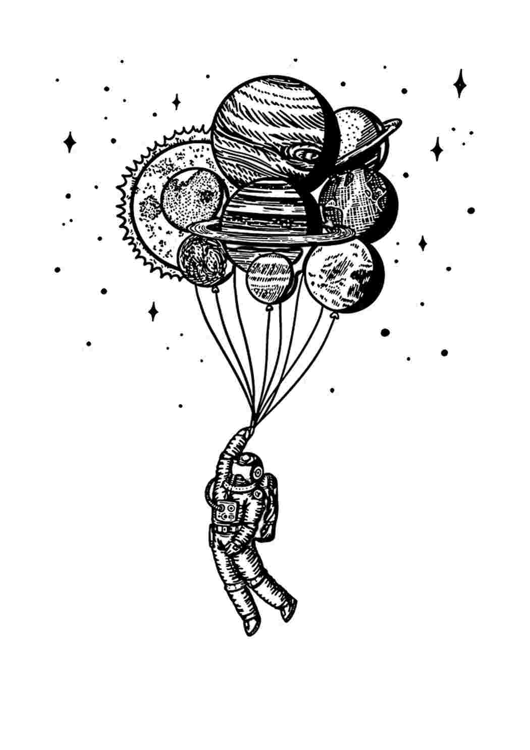 Раскраска Гарні розмальовки Космонавт летить на повітряних кулях у вигляді планет