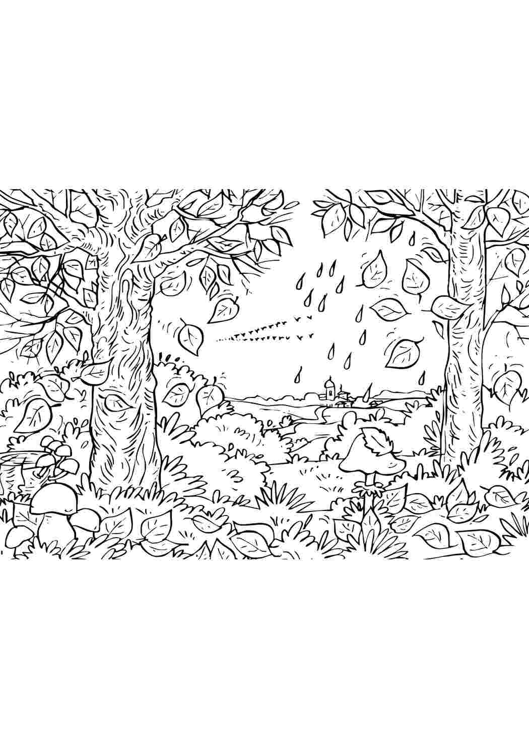 Раскраска У осінньому лісі йде дощ