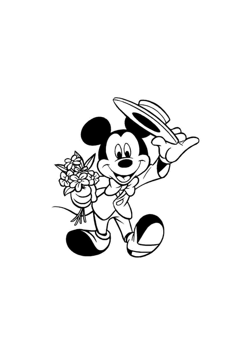 Раскраска Гарні розмальовки Міккі Маус знімає капелюх побачивши кохану Даму якій хоче подарувати квіти