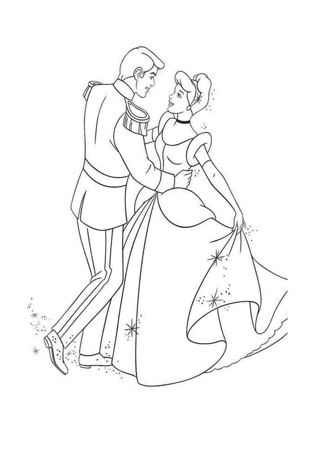 Раскраска Попелюшка та принц на балу
