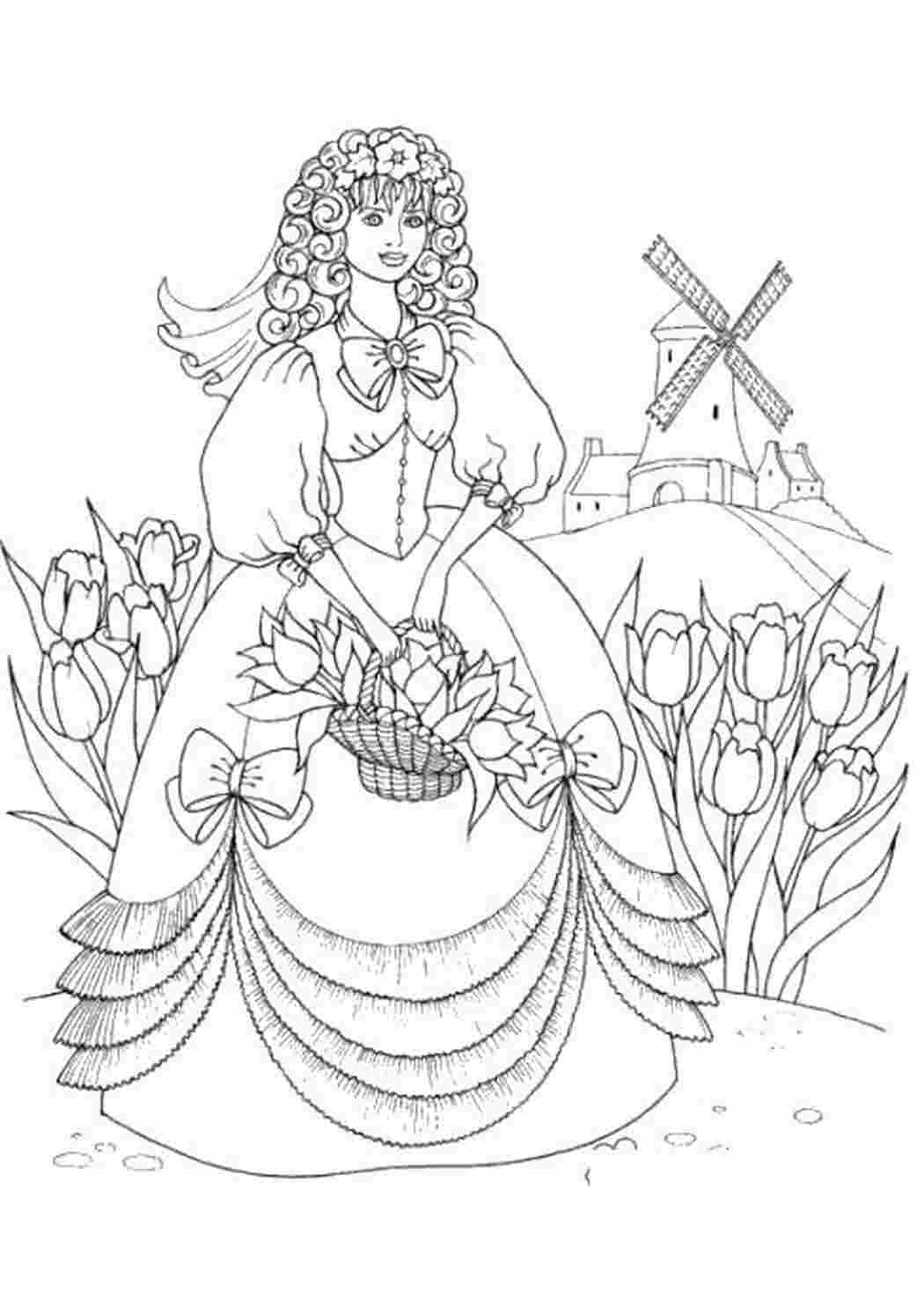 Раскраска Розфарбування літо для дівчаток дівчинка млин літо квіти кошик