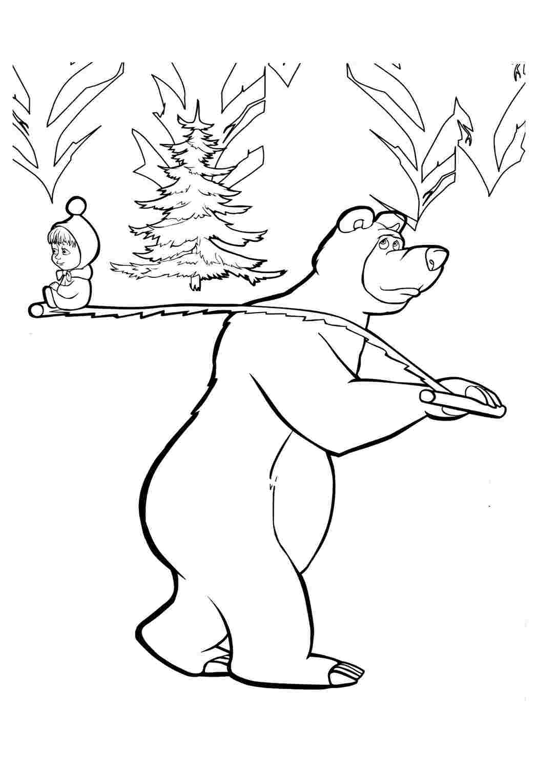 Раскраска Малюнки для вітражного мистецтва з мультфільму Маша і Ведмідь Ведмідь несе Машу на пилці з ялинкою