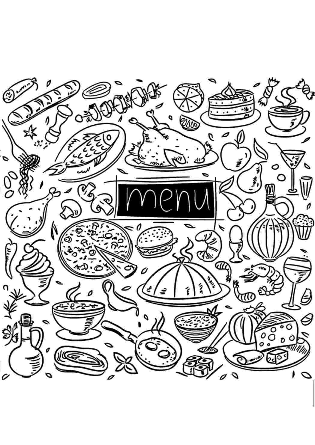 Раскраска Гарні розмальовки меню в якому багато смачних страв
