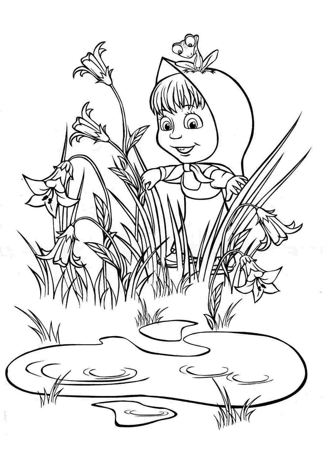 Раскраска Малюнки для вітражного мистецтва з мультфільму Маша та Ведмідь жабка сидить на голові Маші