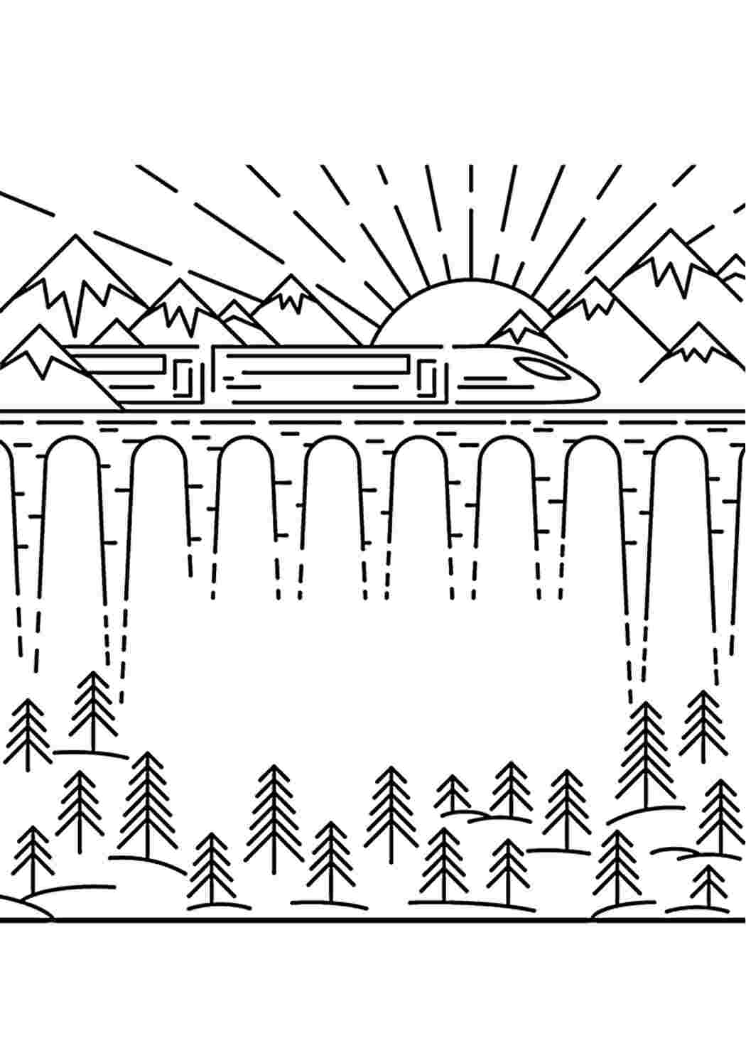 Раскраска Гарні розмальовки Поїзд у горах гарна розмальовка