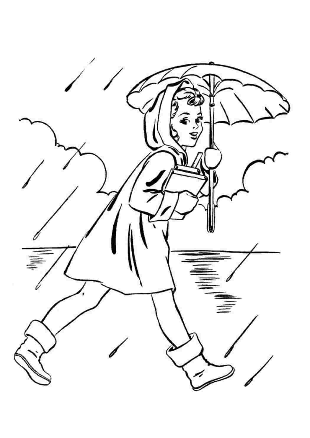 Раскраска Дівчина з книгами біжить під парасолькою під дощем