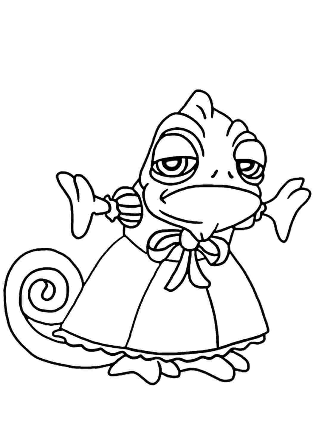 Раскраска Гарні розмальовки Рапунцель приміряє на своєму звірятку жіночі сукні