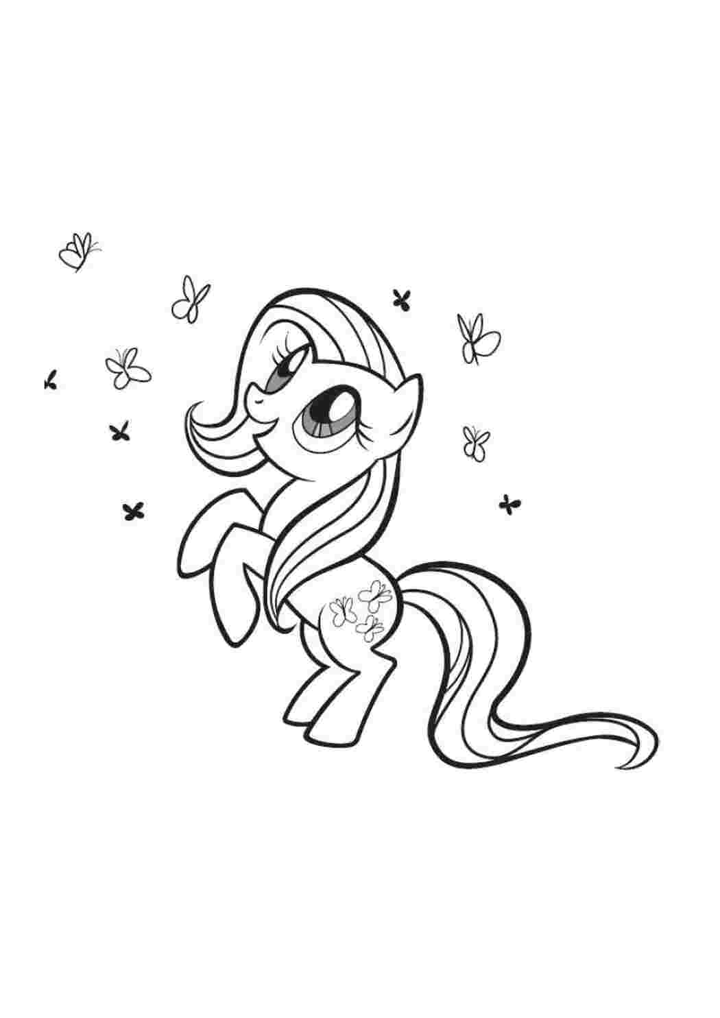 Раскраска Понi з My Little Pony грають з метеликами.