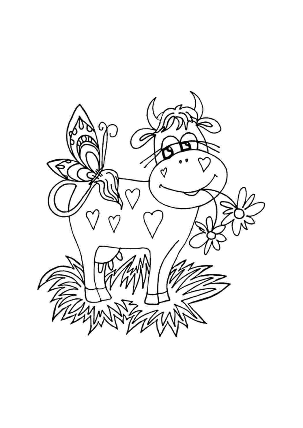 Раскраска Гарні розмальовки Корова дружить з метеликом
