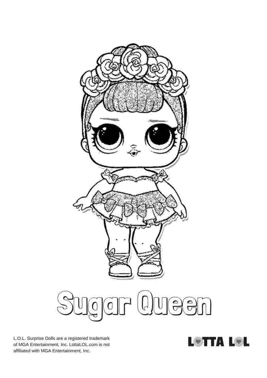 Раскраска Розфарбування лялька LOL Surprise Sugar Queen розмальовки LOL лялька в блискучій сукні