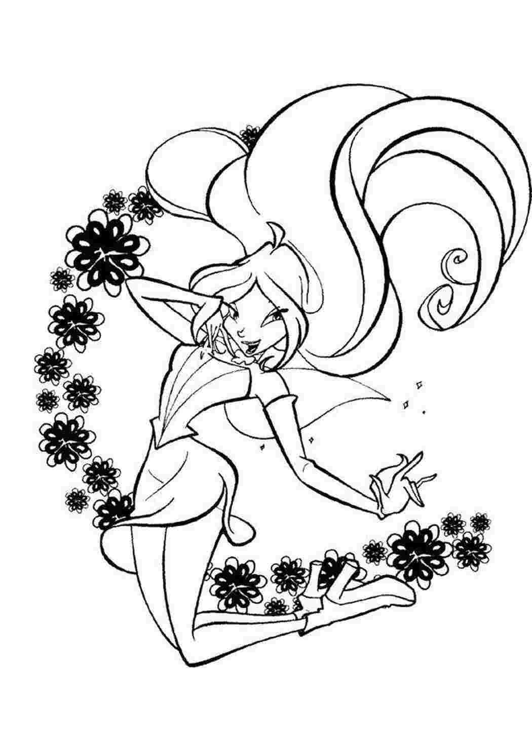 Раскраска Блум з мультфільму Winx та квіточки