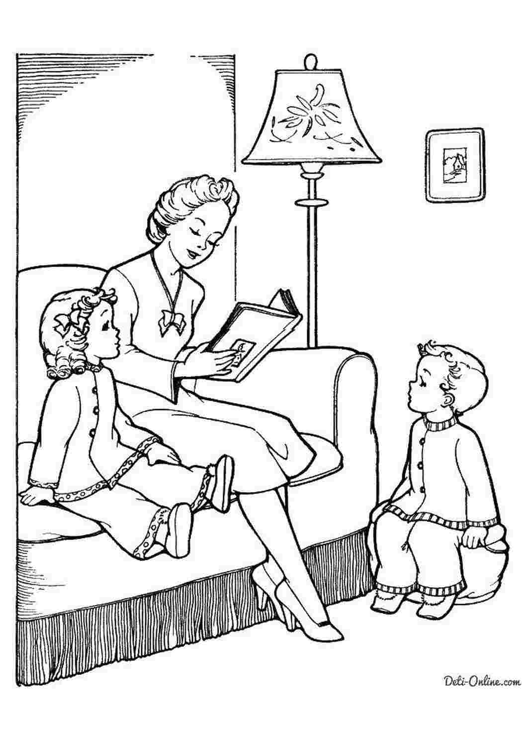 Раскраска Мама читає дітям казки