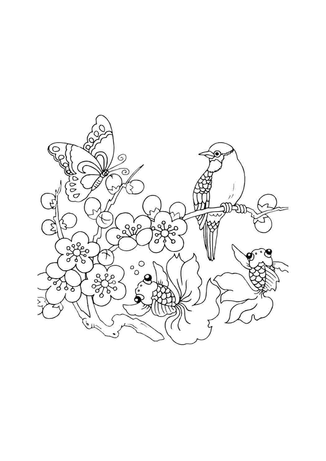 Раскраска Гарні розмальовки Пташка що сидить на гілочці та інші тварини