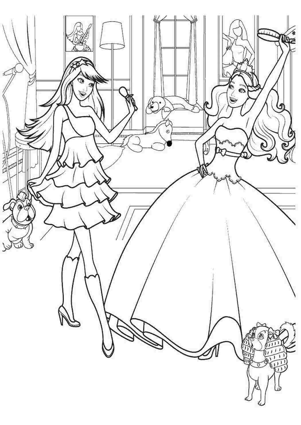 Раскраска Дві Барбі та тваринки