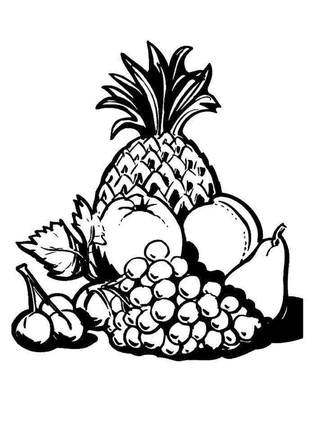 Раскраска Фрукти ананас яблуко груша персик виноград та черешня
