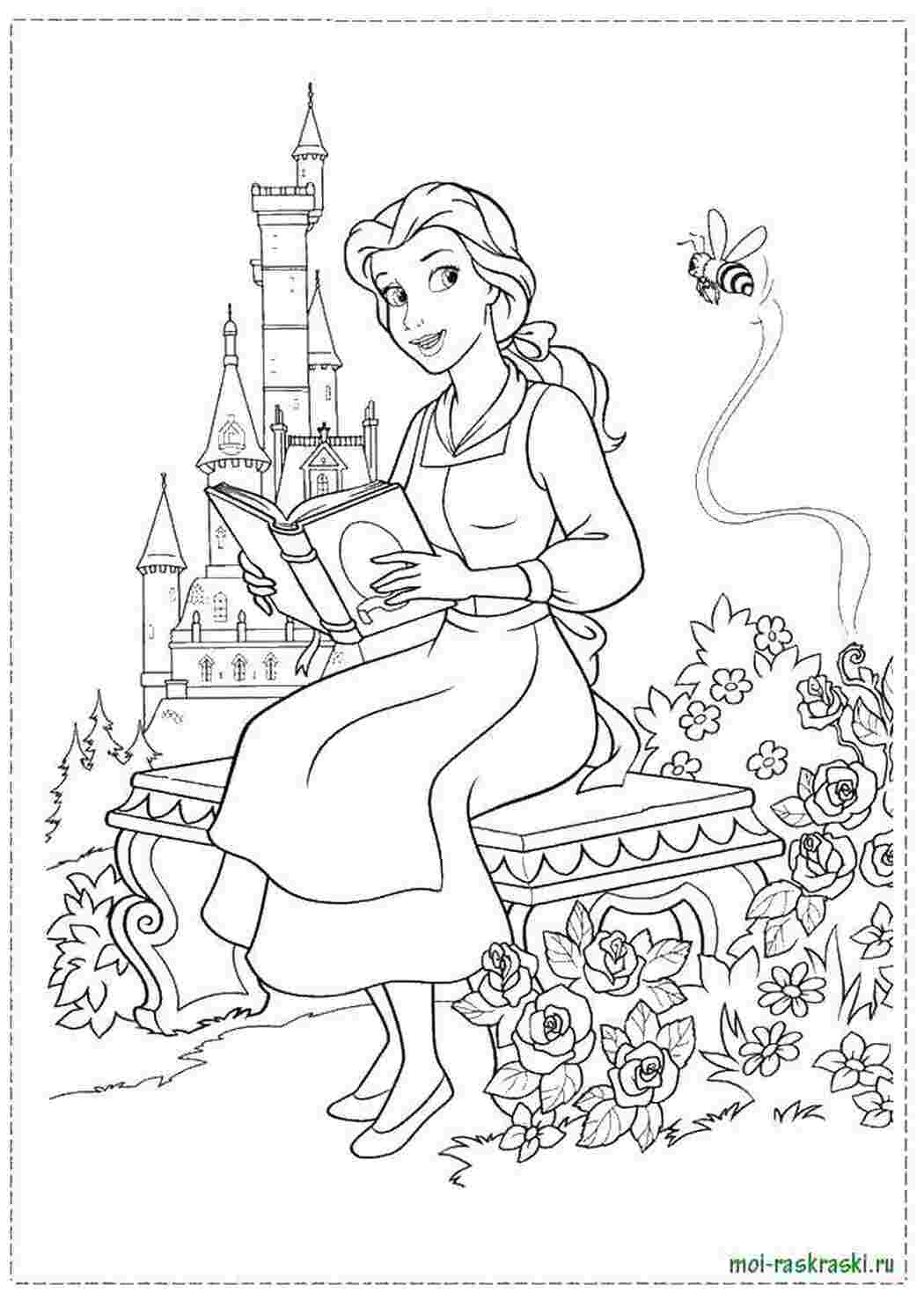 Раскраска Belle читає книгу в саду