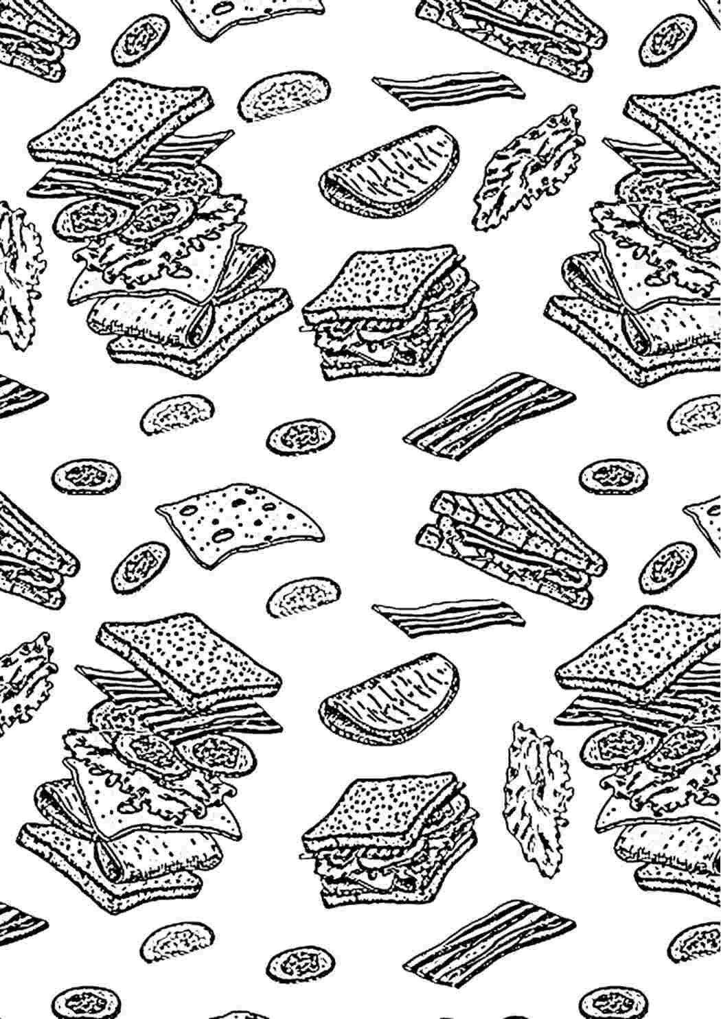 Раскраска Гарні розмальовки Велика кількість продуктів швидкого харчування на одній картинці