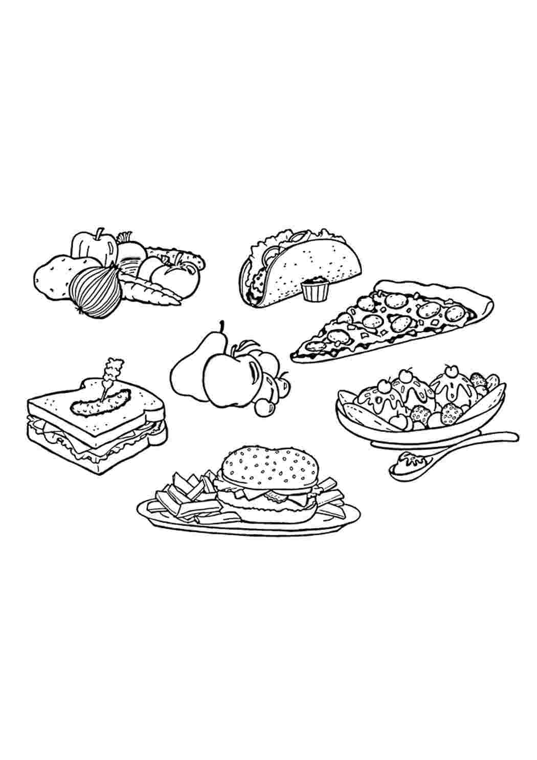 Раскраска Гарні розмальовки Фастфуд та корисна їжа в одній розмальовці