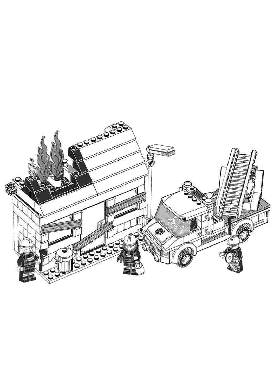 Раскраска Пожежники LEGO гасять пожежу