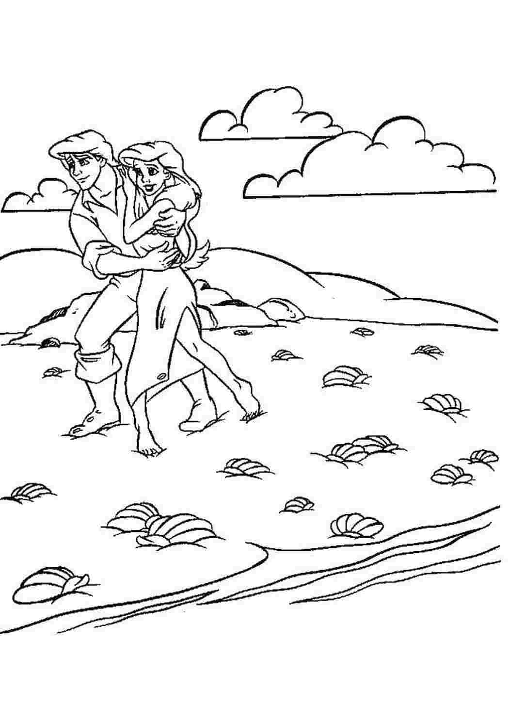 Раскраска Русалка Аріель та принц Ерік на пляжі