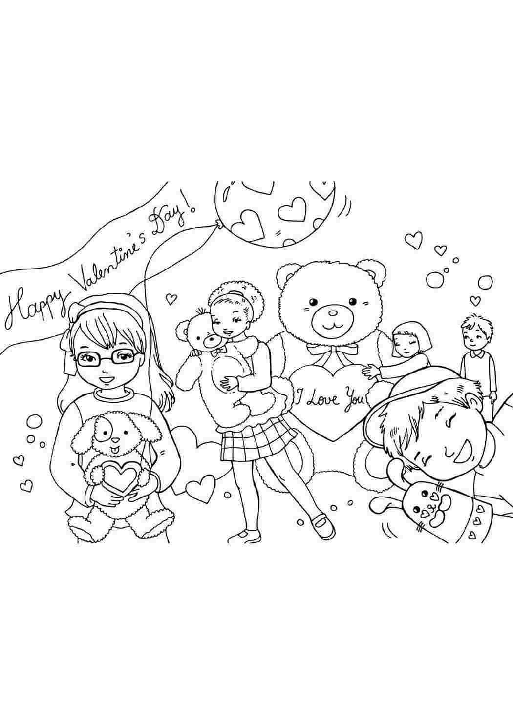 Раскраска Дівчаткам дарують ведмедиків на День святого Валентина